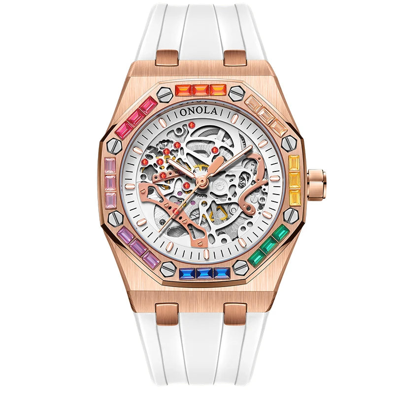 ONOLA 3834 Luxury Diamond Set Design Men's Automatic Mechanical Watch Fashion Hollow Sports Silicone Strap Watches for Man