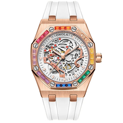 ONOLA 3834 Luxury Diamond Set Design Men's Automatic Mechanical Watch Fashion Hollow Sports Silicone Strap Watches for Man