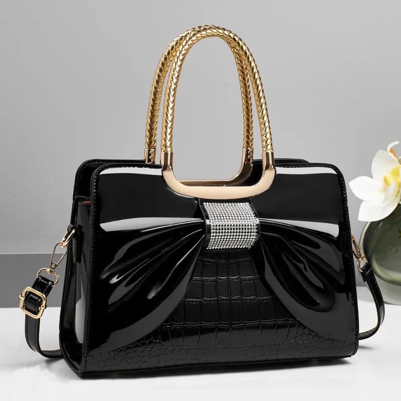 2025 New Women Luxury Designer Glossy Leather Evening Handbags Ladies Crossbody Shoulder Bag Fashion Diamond Bow Totes Bags