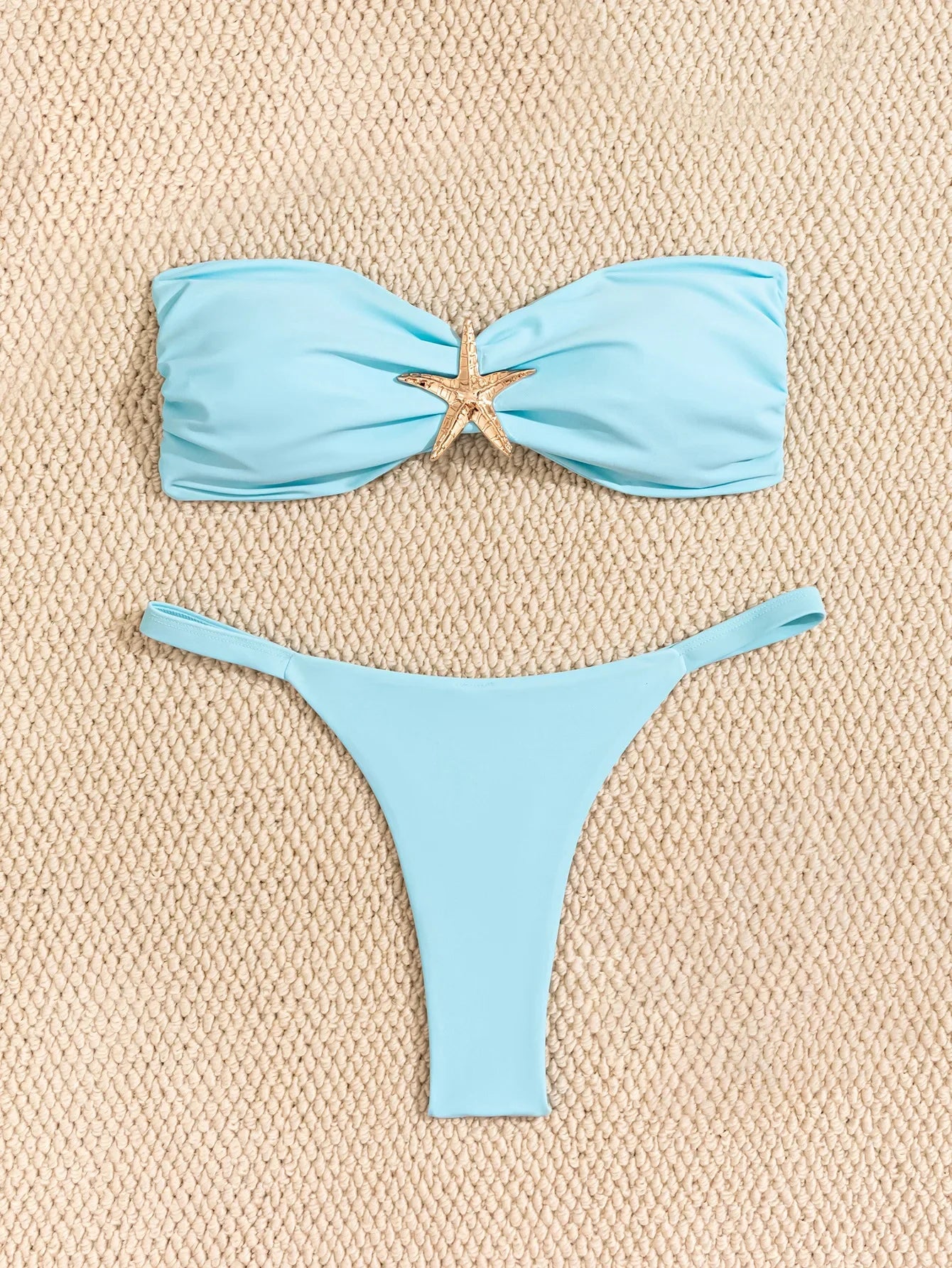 Sexy Bandeau Bikini Set 2026 Women Sky Blue Starfish Ornament Push Up Thong Swimsuit Brazilian Beach Bathing Suit Micro Swimwear