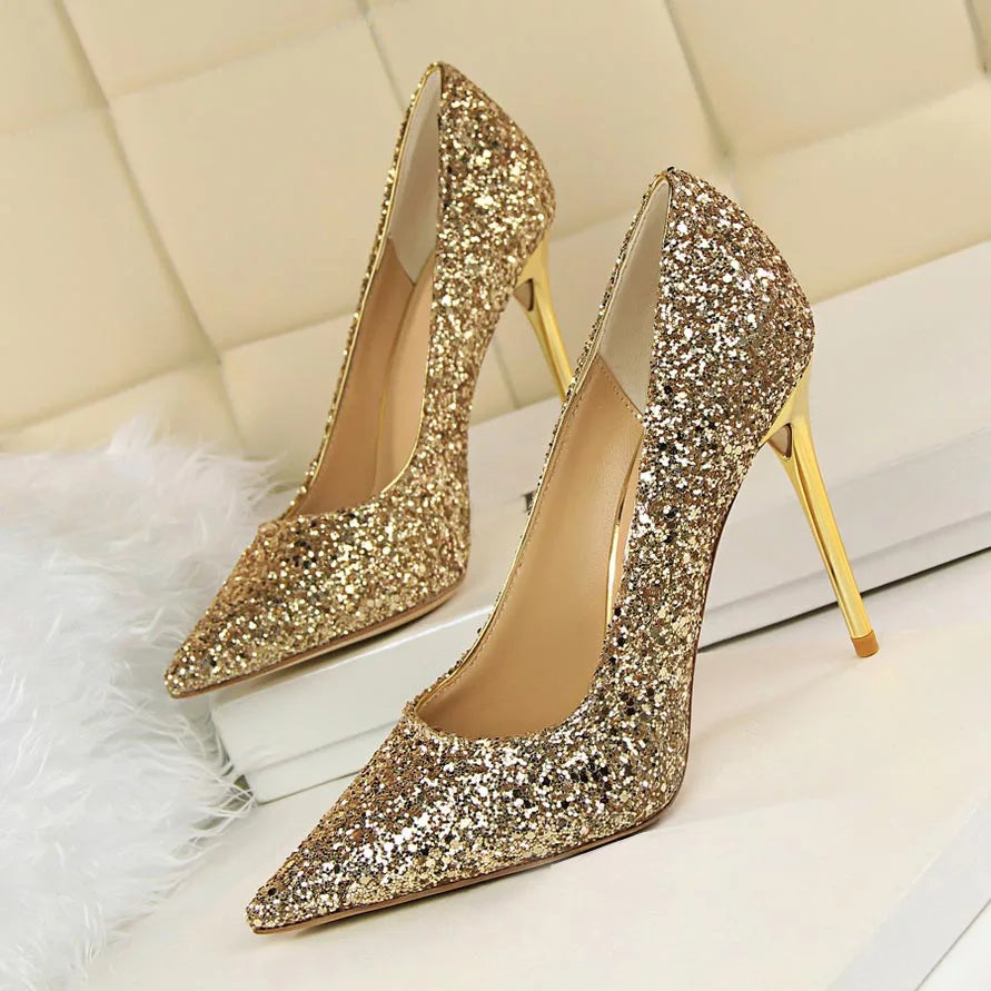 Women 7cm 9.5cm High Heels Pumps Wedding Bridal Scarpins Sparkly Mid Heels Lady Party Sequins Glitter Evening Gold Silver Shoes