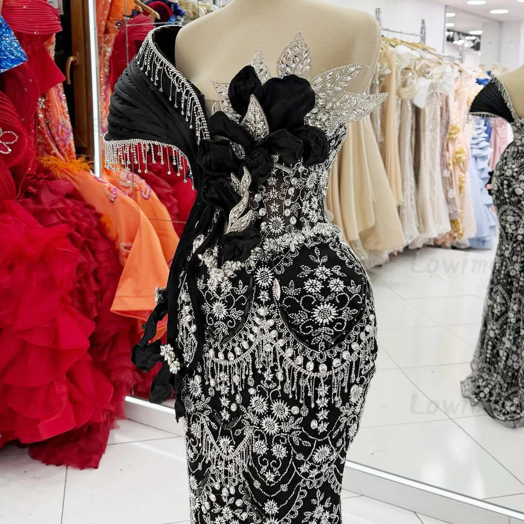 2026 Newest Customized Black Floral Sequined Party Dresses One Shoulder Tassels Crystal Mermaid Prom Dress Arabic Evening Gowns