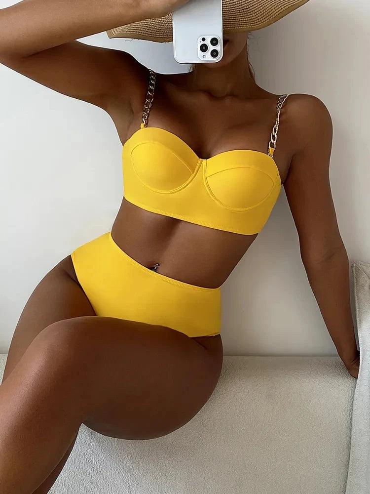 Push Up Bikini Hard Wrap Top Underwire Chain Shoulder Straps High Waist Bottom Swimwear Women Solid Swimming Beach Bathing Suit