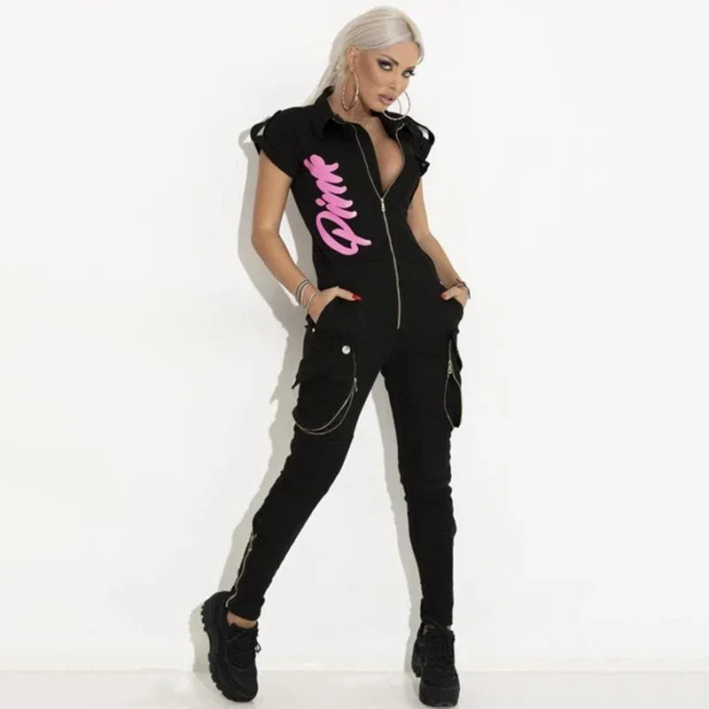 Oshoplive Female Summer Short Sleeves Zipper Jumpsuits For Women 2024 New Fashion Letter Printed Casual High Street Jump Suits