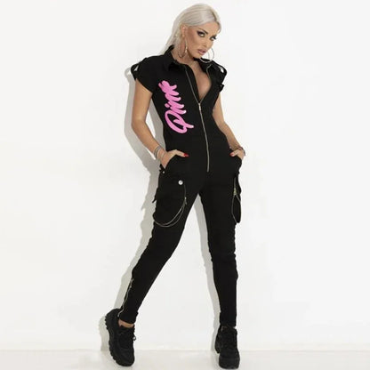 Oshoplive Female Summer Short Sleeves Zipper Jumpsuits For Women 2024 New Fashion Letter Printed Casual High Street Jump Suits