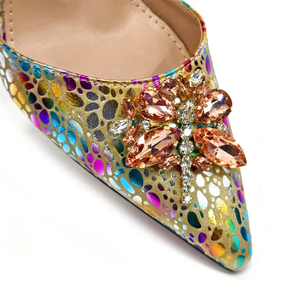 2026 Gold Color Thin Heels Pointed Toe Crystal Design Ladies Shoes Matching Bag Set For Women Weeding Party Pump