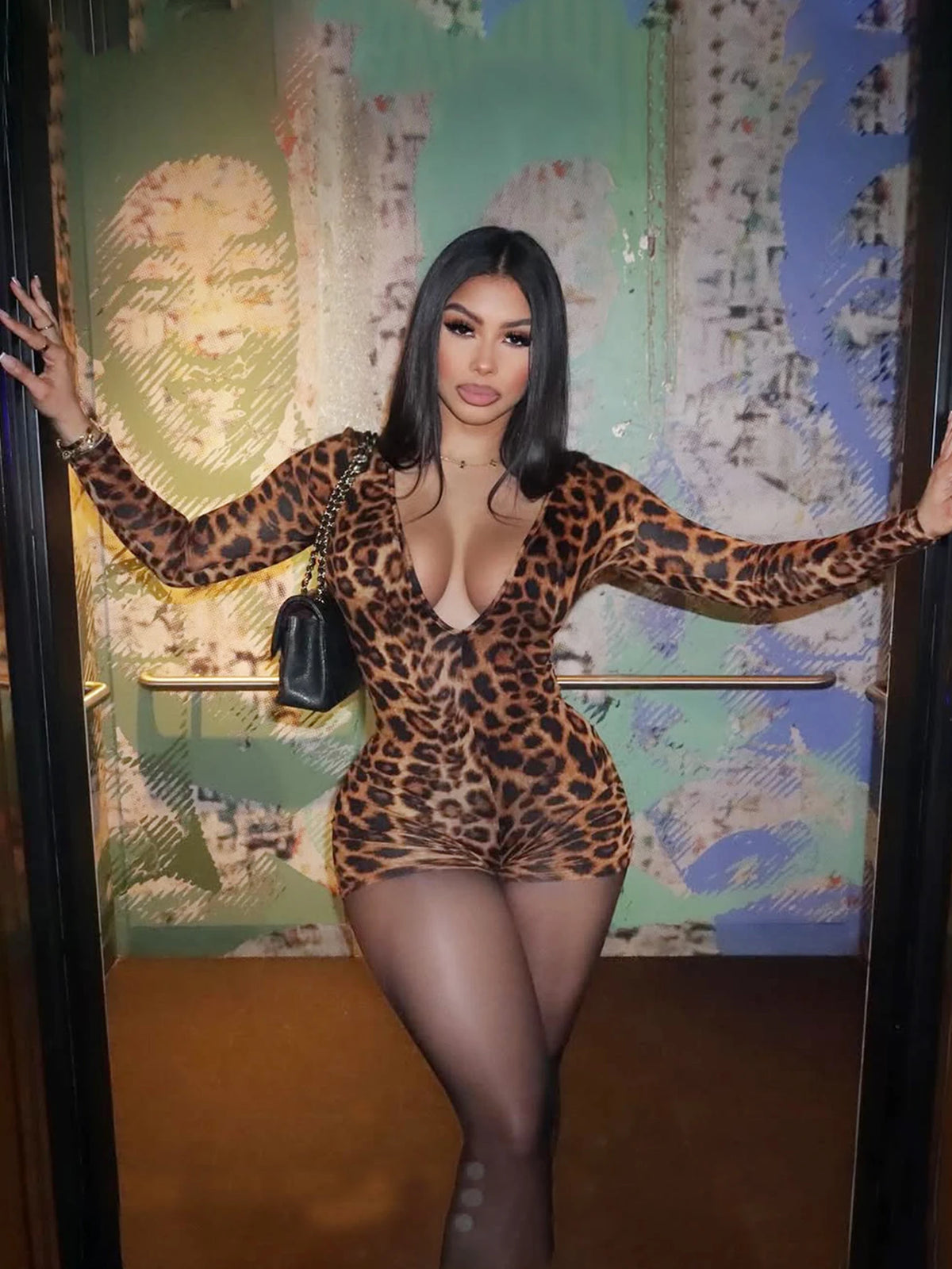 Dulzura Autumn Fashion Sexy V-Neck Long Sleeve Leopard Bodycon jumpsuit Women'S Casual Elegant Romper Party Club Street Clothes