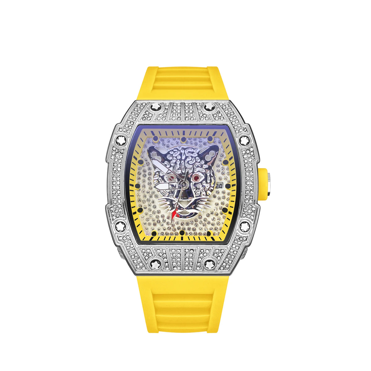 Tonneau Hollow Diamond Leopard Dial Quartz Watch Men Luxury Luminous Fashion Waterproof Rubber Sport Watches Men Steel Men Clock