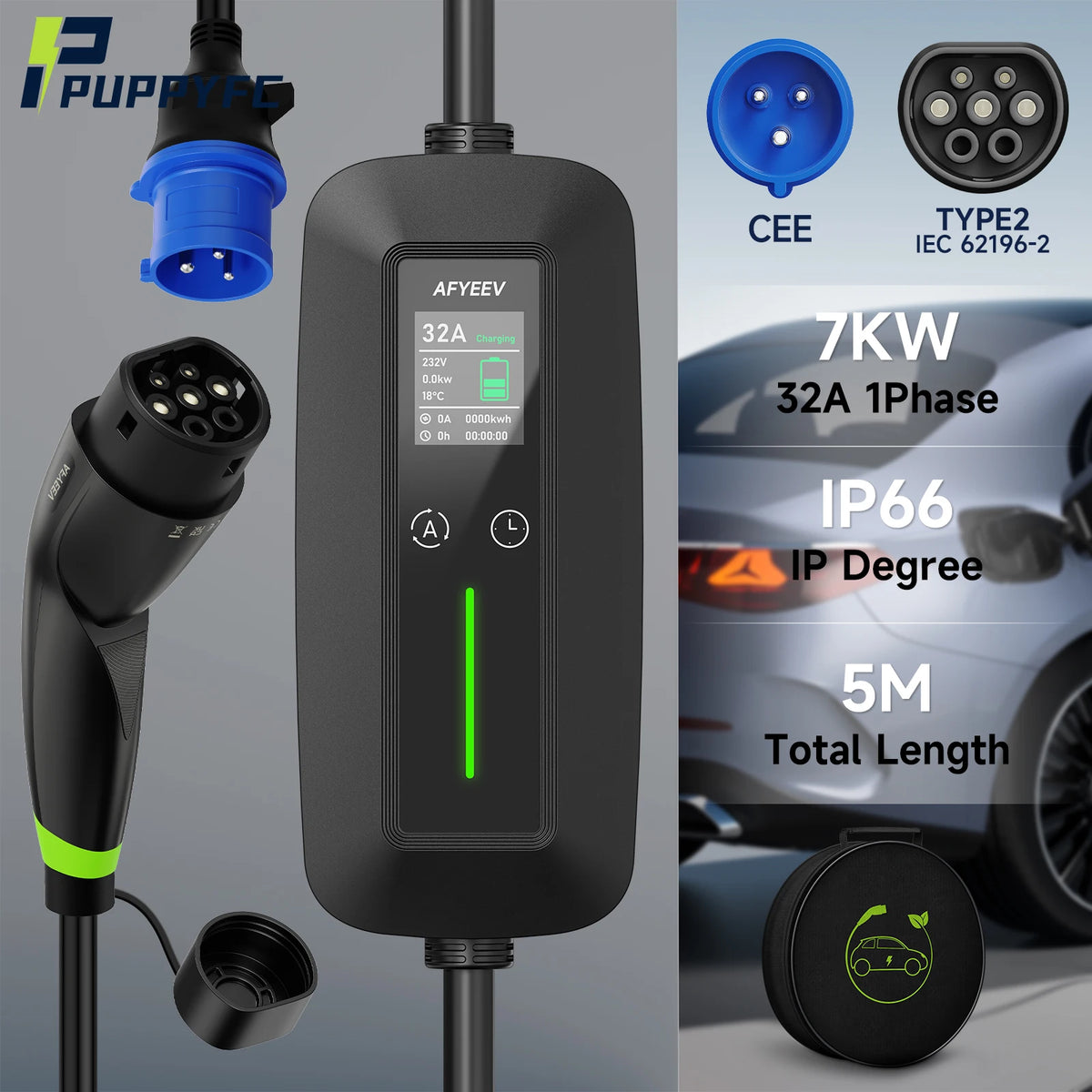 Puppyfc 7KW EV Charger Portable Cable Type2 IEC62196-2 Type1/GBT Electric Car Wallbox Home 32A  Charging Station CEE Plug