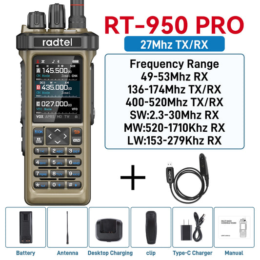 Radtel RT-950 Pro Sand Color + Programming Cable Walkie Talkie with GPS APRS 10W Bluetooth Phone Programming Ham Radio RT-950PRO