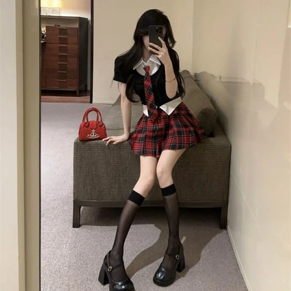 2025 korean style polo collar short-sleeved tops high-waisted jk plaid short skirts 2 piece summer girls  school uniform jk set