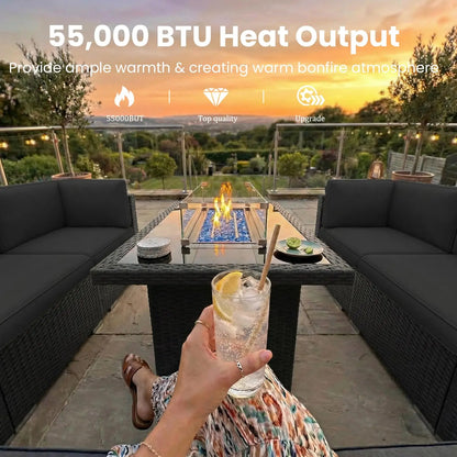 8-Piece Patio Wicker Sectional Sofa Set with 44" Propane Fire Pit Table & Coffee Table, Outdoor Furniture, Custom