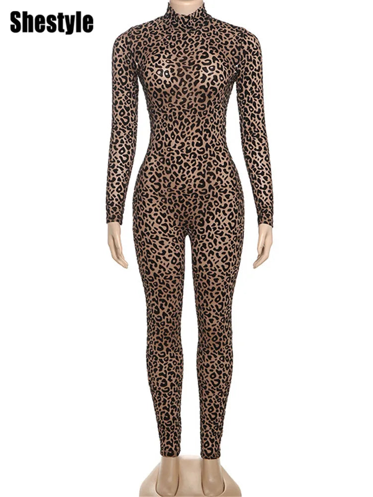 Shestyle Velvet Leopard Sexy Jumpsuits Women Turtleneck Nude Bodycon Mesh Transparent Zipper Fly Slim Fitness Playsuit Clothes