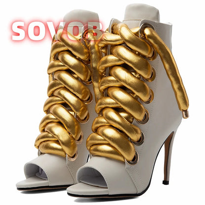 Luxury Puffy Lace Up Ankle Booties for Women,Stiletto Heels Open Toe Short Boot, Trendy Punk Style Party Shoes,Designer Booties