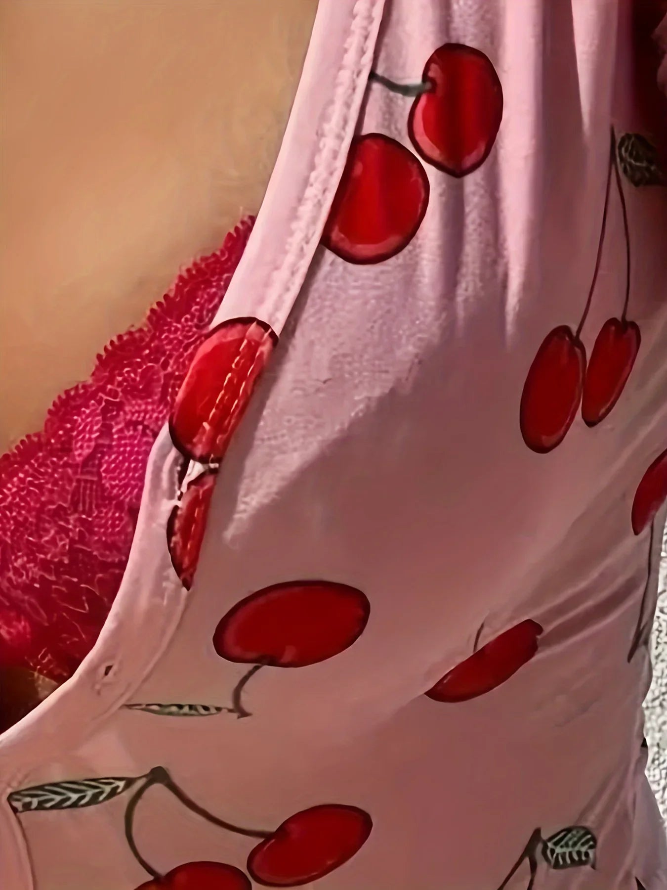 Sexy Onesies Pajamas For Women Bodysuit Casual Cherry Print V-neck Front Button Long Sleeve Slim Fit Jumpsuit Sleepwear