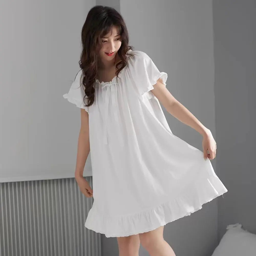 Casual Bowknot Women's Pajama Dress Short Sleeve Loose Ruffle Nightdress Home Wear Sleepwear Princess Nightgown Female