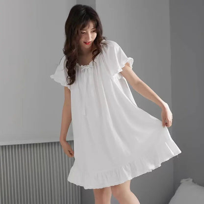 Casual Bowknot Women's Pajama Dress Short Sleeve Loose Ruffle Nightdress Home Wear Sleepwear Princess Nightgown Female