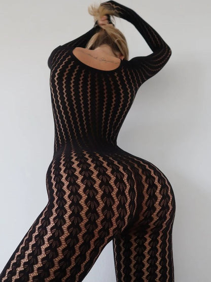 Sibybo Sheer Hollow Out Jumpsuits Women Summer Round Neck Long Sleeve High Stretch One Piece Jumpsuit Rompers Thin Sexy Overalls