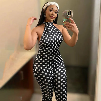 FAGADOER Fashion Color Dot Printing Bodycon Jumpsuits Woman Halter Sleeveless Backless Rompers Female Streetwear Overalls 2026