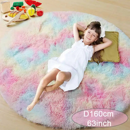 60/80/100/120/140/160 Round Rug Rainbow Fluffy Soft Area Rugs for Kids Girls Room Plush Shag Carpet Cute Circle Bedroom Decor