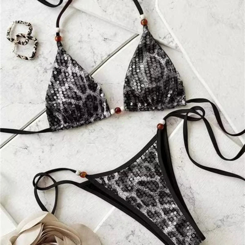 2026 Leopard Sequins Halter Strappy Bikini Women Swimwear Female Swimsuit Two-pieces Bikini Set Bather Bathing Suit Swim Lady