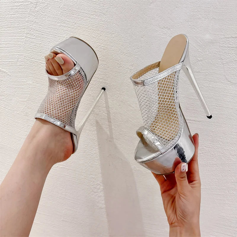Liyke Summer Fashion Breathable Mesh Peep Toe Extreme High Heels Platform Slippers For Women Sandals Shoes Lady Pumps Slides