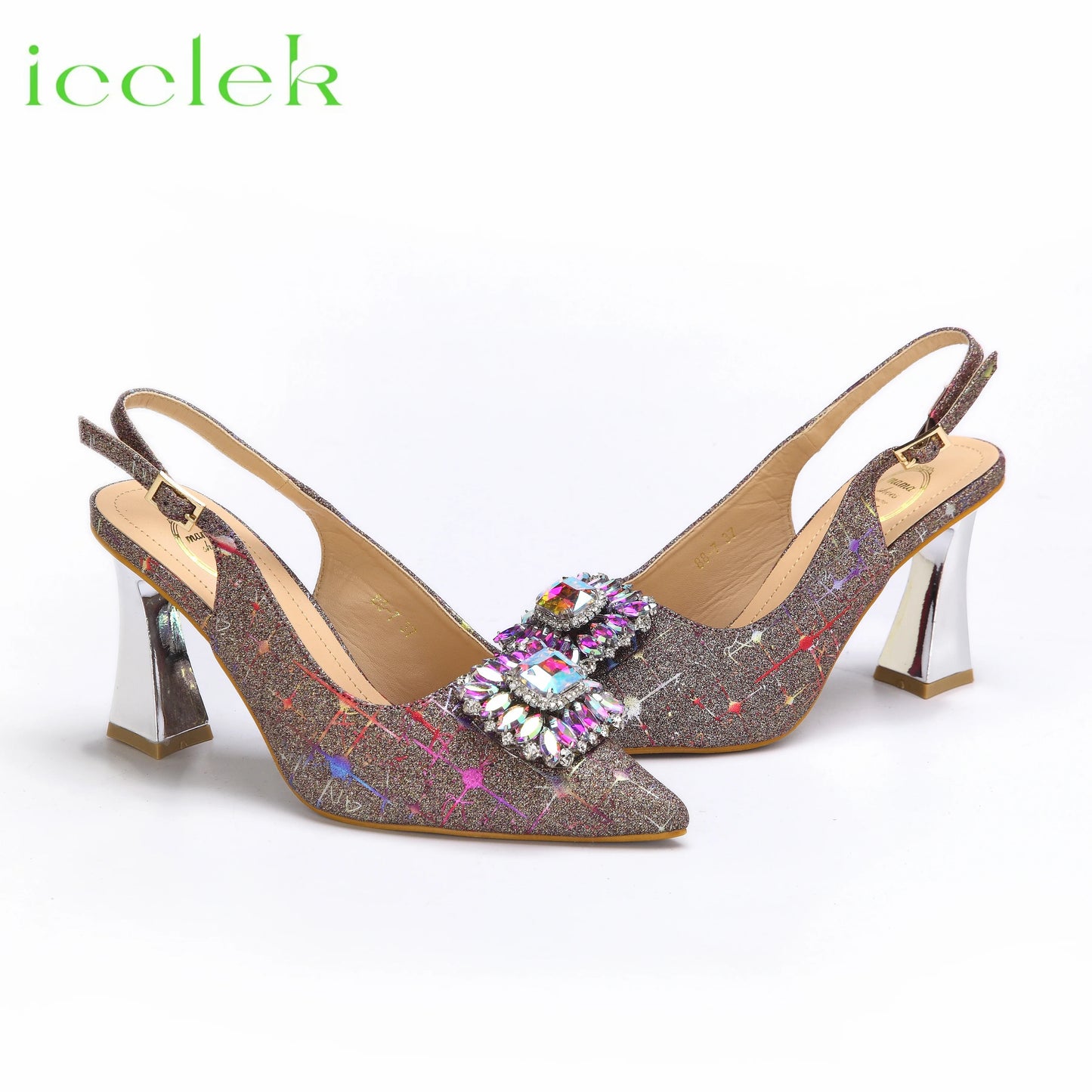Women High Heels Sandals Shinning Material with Rhinestone Italian Design T.Blue Color Pointed Toe Shoes and Bags Set