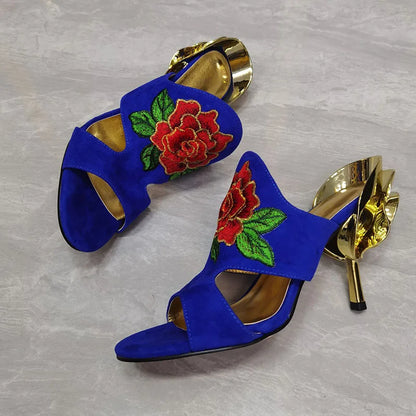 Luxury Flower Sandals Woman Open Toe Gold Strange High Heel Shoes Lady Sexy Mules Slippers