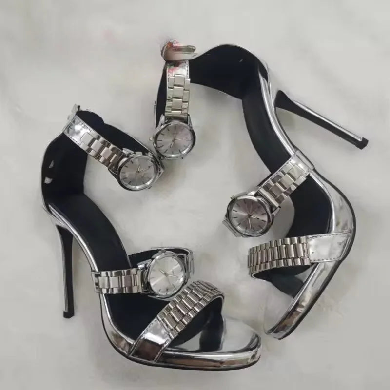 Womens Silver Watch Embellished Strap Sandals Sexy Stilettos Heel Sandals Open Toe Ladies Chain Detail Gladiator Sandals 35-44