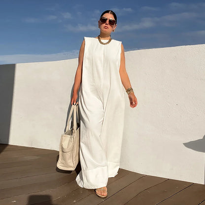 UOOZEE Women's Solid Color Wide Leg Jumpsuits 2025 New Summer Sleeveless Loose Urban Casual One-piece Outfits Streetwear Suits