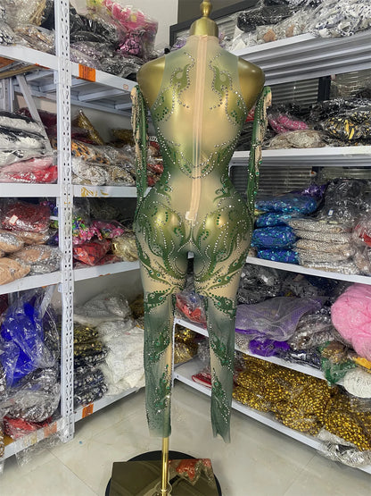 Sparkly Rhinestones Printed Mesh Bodycon Green Jumpsuits With Sleeves See Through Masquerade Costume Dress Night Club DJ Gogo