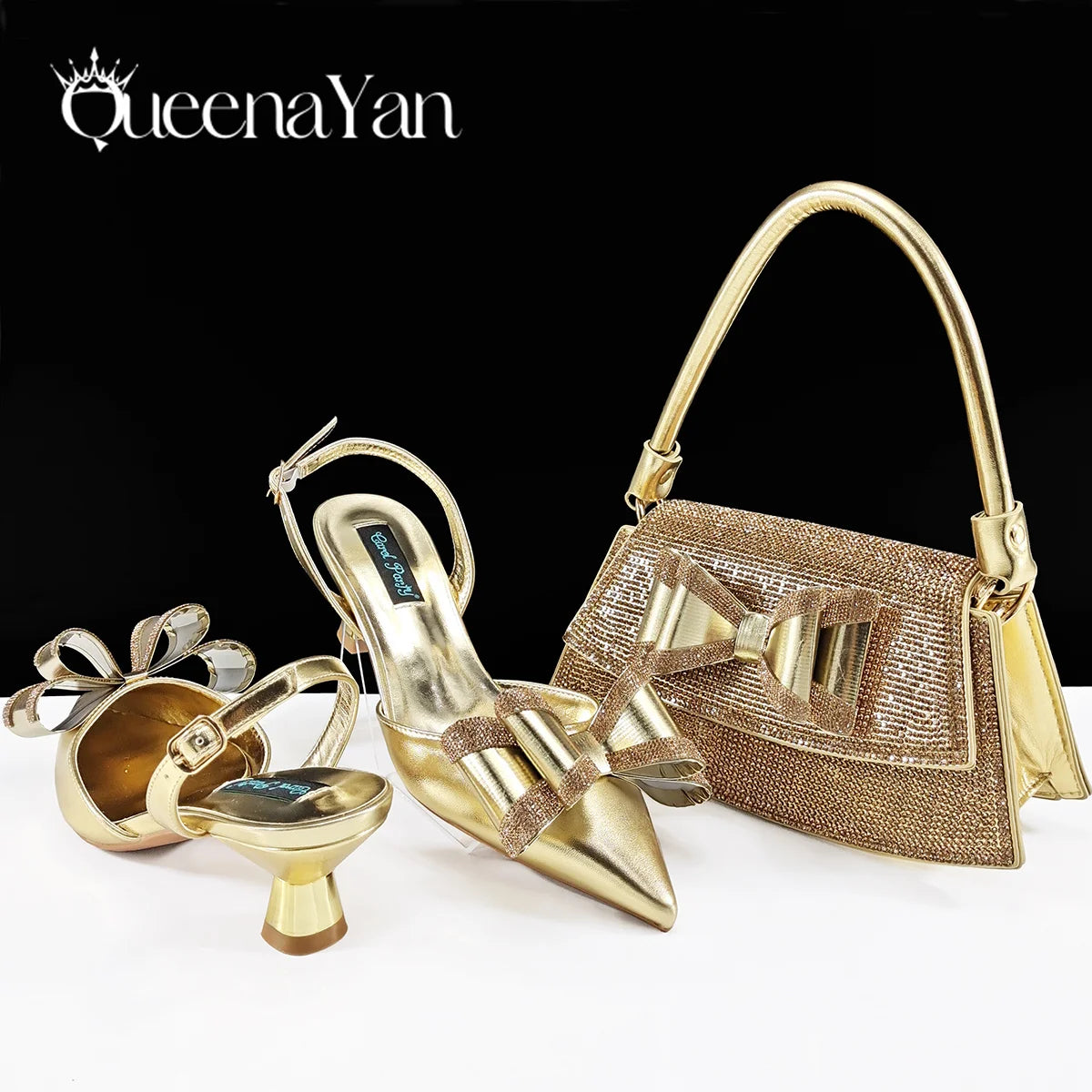 Queena Yan Hot Selling Fashion Mature Coffee Color Butter-fly Design Pointed Toe High Heel Party Wedding Lady Shoes and Bag Set