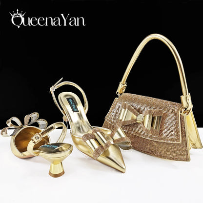 Queena Yan Hot Selling Fashion Mature Coffee Color Butter-fly Design Pointed Toe High Heel Party Wedding Lady Shoes and Bag Set