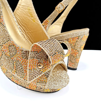 Nigeria Design Open Toe High Heels & Bag Set Gold Color Blocking Hot Rhinestones Fashion Sexy High Heels