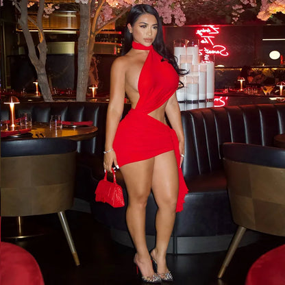 ANJAMANOR Asymmetrical Tassel Halter Backless Mini Dresses White Red Sexy Club Outfits for Woman Birthday Dinner Dress D17-CC20