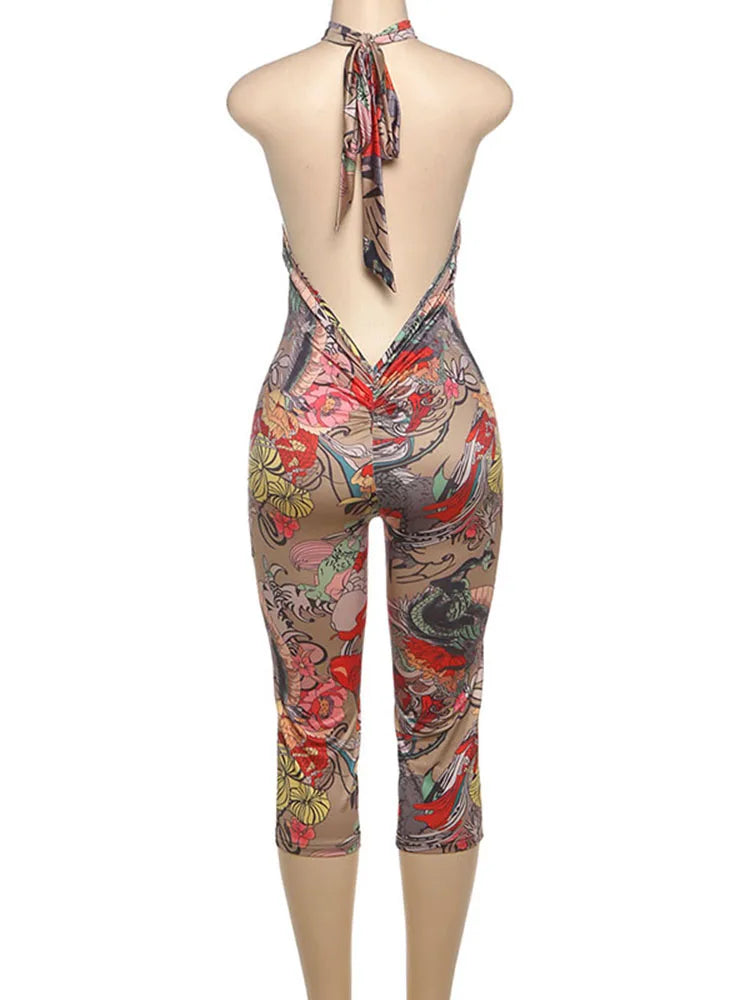 Kliou Colorful Print Playsuits Woman Bandage Halter Backless Skinny Peach Hip Female Midnight Club Party Sexy Fashion Rompers