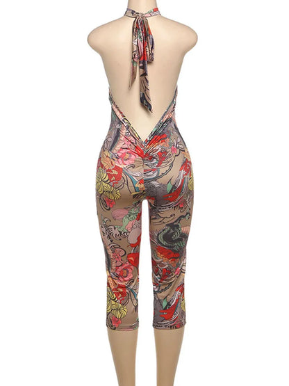 Kliou Colorful Print Playsuits Woman Bandage Halter Backless Skinny Peach Hip Female Midnight Club Party Sexy Fashion Rompers