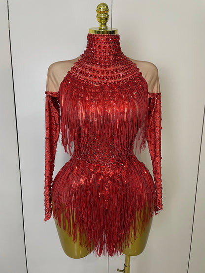 Women Sparkly Rhinestone Sequin Tassel Stretch Bodysuits 2025 New Arrival Birthday Party Nightclub Dj Stage Performance Costume