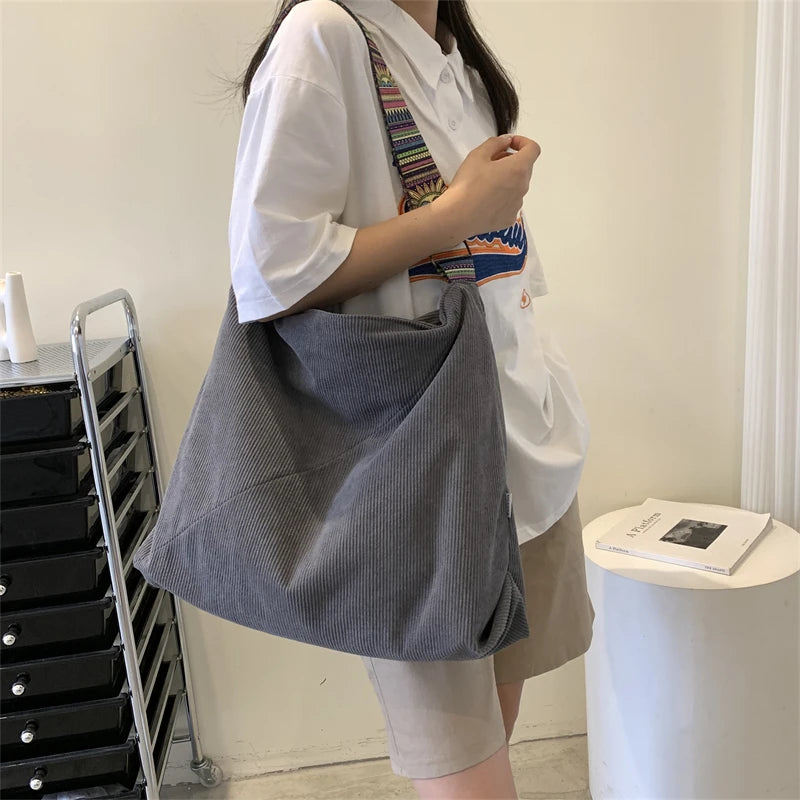 Women Luxury Corduroy Shoulder Bag Large Handbag Big Casual Tote Canvas Lining Solid Cloth Purse Zipper Crossbody Messenger Bags