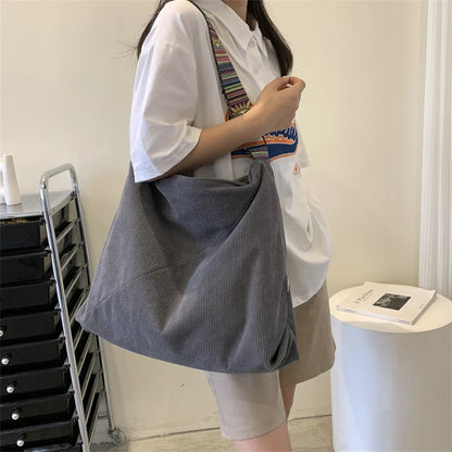 Women Luxury Corduroy Shoulder Bag Large Handbag Big Casual Tote Canvas Lining Solid Cloth Purse Zipper Crossbody Messenger Bags