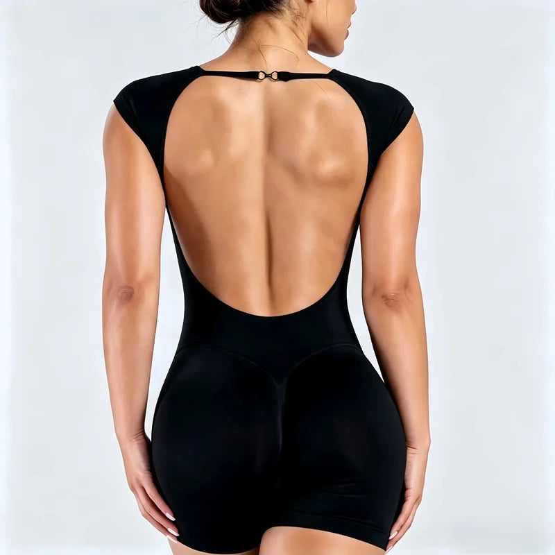 HISTELLO Impact Short Sleeve One Piece Jumpsuit Women Backless Hollow Out Sports GYM Bodycon Slim Fit Sexy Yoga Workout Bodysuit