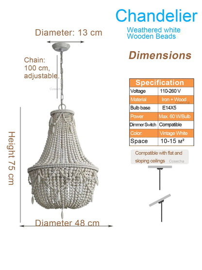 Black French Country Chandelier Large Hanging Lights Dia60 H65cm Living Room Boho Wood Bead Chandelier For Bedroom Dining Room