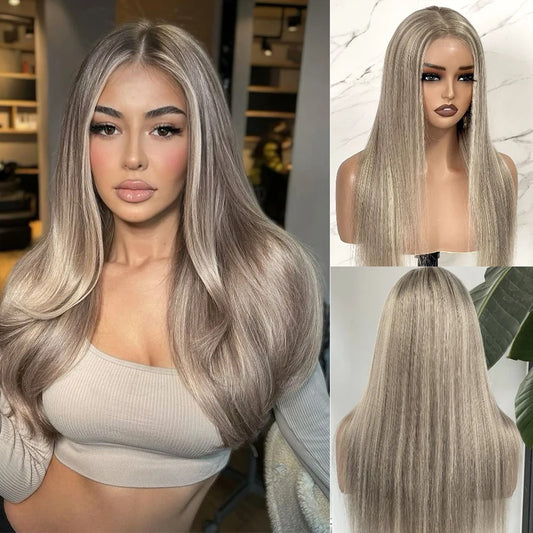 13x4 Glueless Ash Blonde Highlight Lace Front Wigs For Women Straight Brazilian Remy Human Hair Wig HD Transparent Lace Frontal