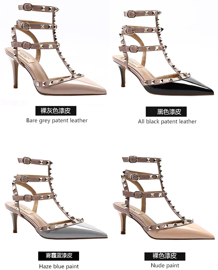 Women's Gladiator Sandals Summer 2026 Rivet High-heeled Three Straps Real Leather Ankle Luxury Brand Designer Pumps Ladies Shoes