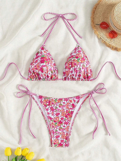 Swimsuit 2026 Female Micro Bikini Women Swimwear Summer Beachwear Women's Bathing Suit Floral Print Neck Halter Thong Bikini Set