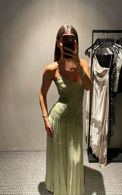 Women's Lace Spliced Dress Sage Green Floral Embroidery Spaghetti Strap Flowy Long Dress Elegant Bohemian Summer Party Dress