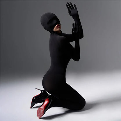 Sexy Women 120D Tights Hooded Mask Elastic Bodysuit Sheer See Through Rompers Glove Jumpsuits Cosplay Maid Leotard