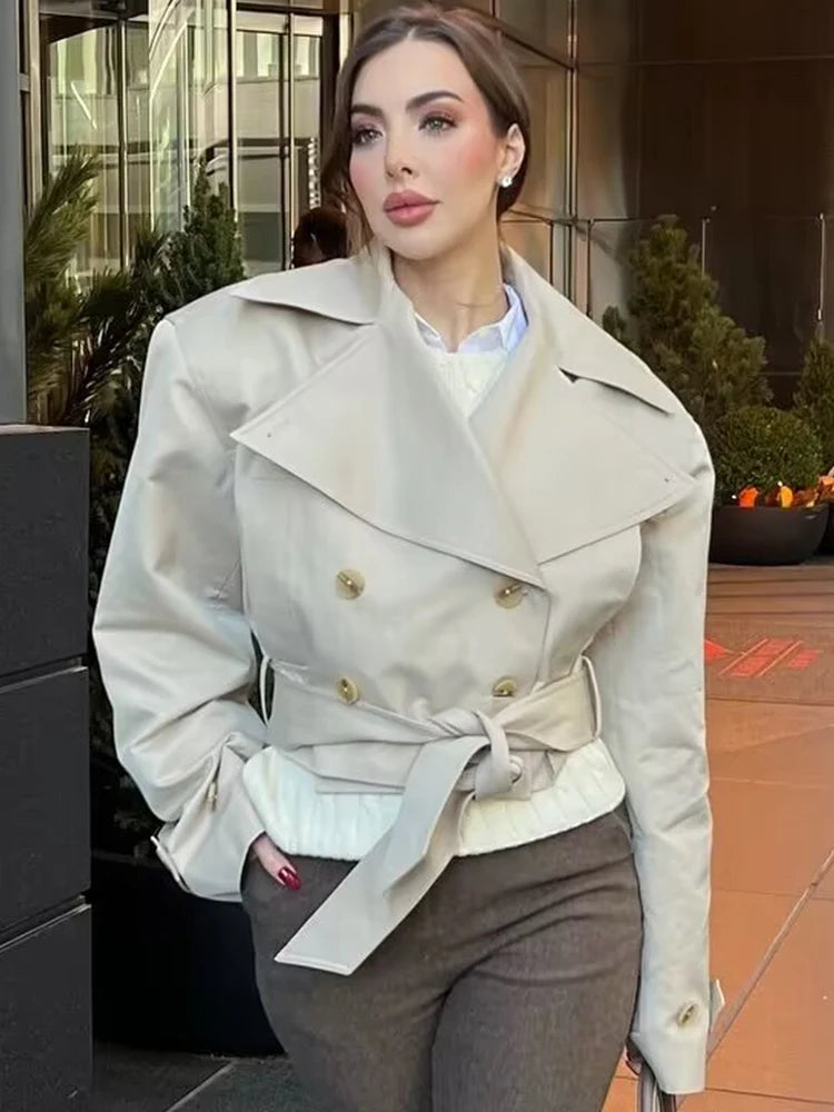 SLTNX 2026 New Women's British Wind Trench Coat Style Double-breasted Long Sleeve Belt Lapel Jacket Short Coat