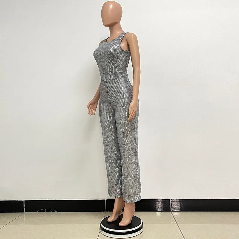 Bling Bling Sequined Club Jumpsuit Sexy Women O-neck Elegant Shiny Sliver Gold Sequins Straight Romper Overalls