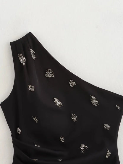 2025 New Women Sexy Single Shoulder Pearl Beading Asymmetrical Blouse T-shirt Summer Women Side Zipper Slim Shirts Chic Tops